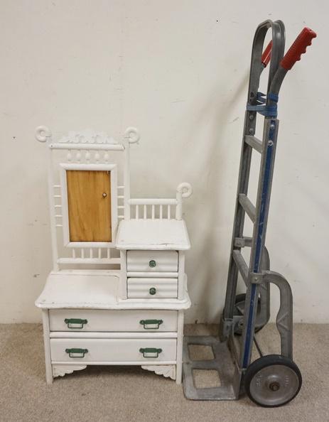 DOLL SIZE VICTORIAN DRESSER: DOLL SIZE VICTORIAN DRESSER, MIRROR MISSING, PAINTED WHITE, 22 IN WIDE X 37 3/4 IN HIGH