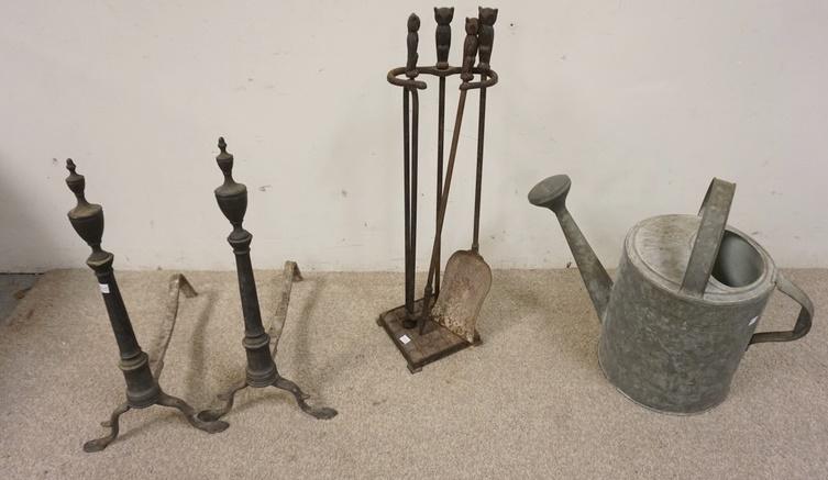 LOT-OWL FIRE TOOLS, ANDIRON & WATERING CAN: LOT-OWL FIRE TOOLS, ANDIRON & WATERING CAN
