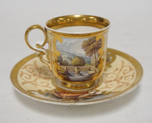 ANTIQUE SPODE HAND PAINTED SCENIC CUP & SAUCER: ANTIQUE SPODE HAND PAINTED SCENIC CUP & SAUCER DESCRIPTIONS OF THE SCENES ARE WRITTEN IN SCRIPT ON THE BASES. SAUCER IS 6 IN DIAMETER