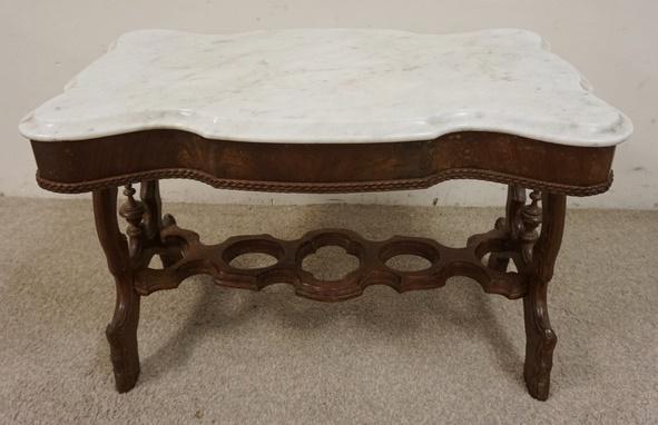 LOW WALNUT MARBLE TOP TABLE: LOW WALNUT MARBLE TOP TABLE 29 IN X 17 1/4 IN 19 IN H