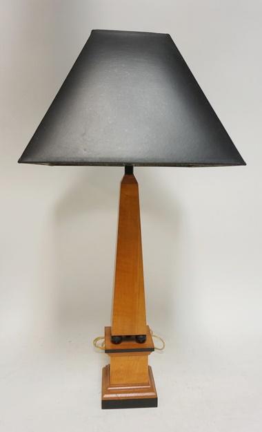 MODERN WOODEN OBELISK LAMP: MODERN WOODEN OBELISK LAMP 27 1/2 IN H