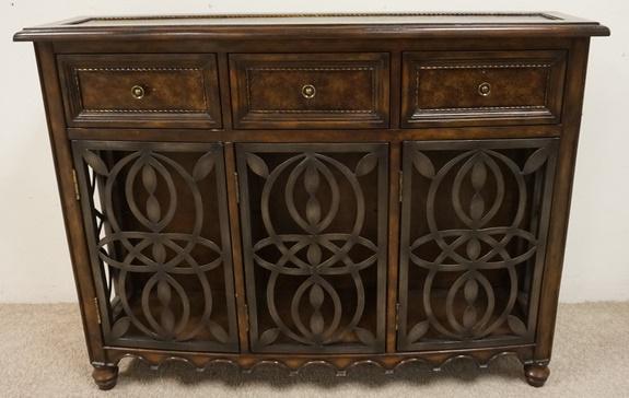 NARROW CONSOLE WITH CUT OUT IRON SIDES AND DOORS: 3 DRAWER NARROW CONSOLE WITH CUT OUT IRON SIDES AND DOORS, 45 IN WIDE X 12 IN DEEP X 34 IN HIGH