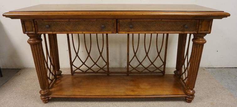 CONSOLE TABLE WITH WICKER SIDE PNAELS: CONSOLE TABLE WITH WICKER SIDE PNAELS, 2 DRAWERS FRONTS OVER A BENTWOOD RATTAN AND FLUTTED COLUMN BASE. BRUISE ON BACK TOP MOLDING, 64 IN X 23 IN DEEP X 34 IN HIGH