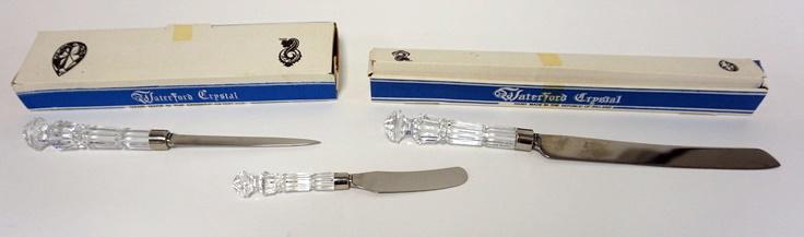 WATERFORD CRYSTAL LETTER OPENER AND KNIVES: WATERFORD CRYSTAL LOT, LETTER OPENER AND KNIFE WITH 8 IN BLADE AND BUTTER KNIFE