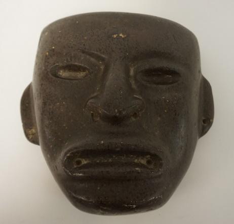 ANTIQUE MAYAN STONE CARVED MASK: ANTIQUE MAYAN STONE CARVED MASK, APPROXIMATELY 9 1/2 IN HIGH X 10 IN WIDE