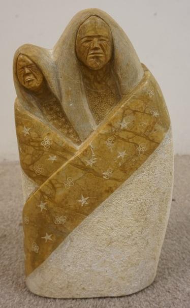 LARGE ALABASTER CARVING OF AMERICAN INDIANS: LARGE ALABASTER CARVING OF AMERICAN INDIANS WRAPED IN BLANKET,SIGNED L SEONIA, TITLED *GRAND PARENTS* WITH CERTIFICATE, APPROXIMATELY 19 IN HIGH