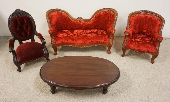 4 PC VICTORIAN DOLL OR CHILDS PARLOR SET: 4 PC GROUP OF VICTORIAN DOLL OR CHILD STYLE PARLOR FURNITURE, BURGUNDY CHAIR IS 13 1/2 IN WIDE X 21 1/2 IN HIGH