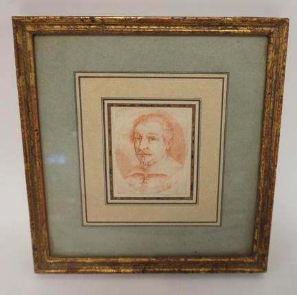 FRAMED DRAWING OF A MAN: FRAMED DRAWING OF A MAN, RED CHALK & BLACK PEN, 8 3/4 IN X 9 1/4 IN
