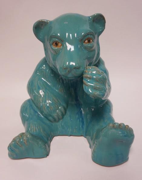 RED POTTERY TURQUOISE GLAZED BEAR FIGURE: RED POTTERY TURQUOISE GLAZED BEAR FIGURE, 12 IN HIGH X 11 1/2 IN WIDE