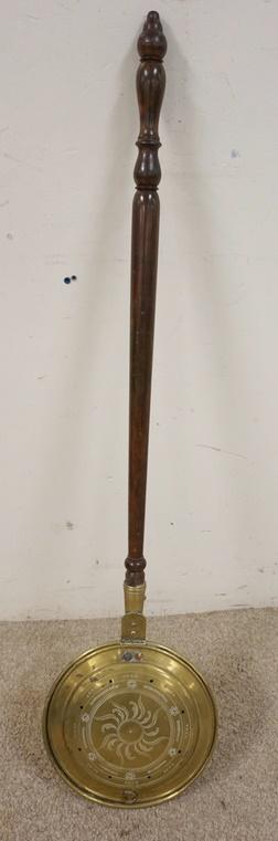 BRASS BED WARMER W/TURNED WOODEN HANDLE: BRASS BED WARMER W/TURNED WOODEN HANDLE, 44 IN LONG