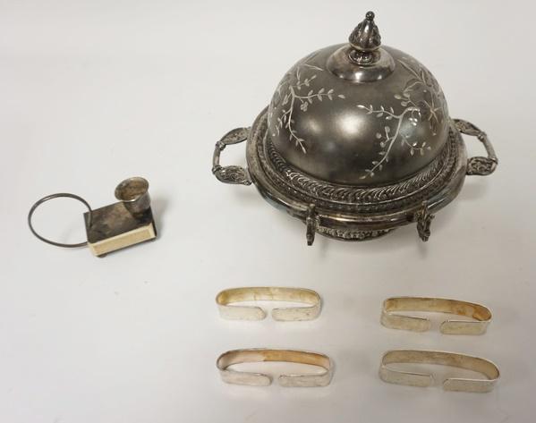 5 PIECE LOT, SILVER PLATE: 5 PIECE LOT, SILVER PLATE, VICTORIAN BUTTER DISH W/KNIFE SLOT, SMALL CHAMBERSTICK, MATCH HOLDER, & 4 NAPKIN RINGS