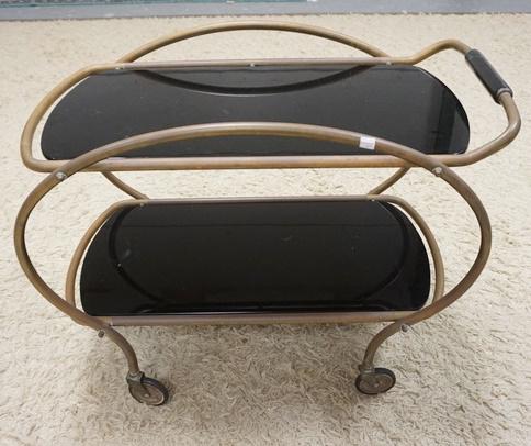 MODERN BRASS AND BLACK GLASS TEA CART: MODERN BRASS AND BLACK GLASS TEA CART, 30 1/2 IN WIDE X 17 IN DEEP X 24 IN HIGH