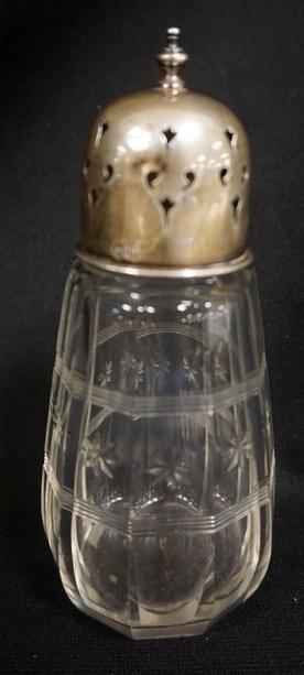 CUT GLASS MUFFINEER WITH TOUCH MARKS: CUT GLASS MUFFINEER WITH TOUCH MARKS, HAS A HALLMARKED ENGLISH STERLING TOP, 6 1/4 IN HIGH