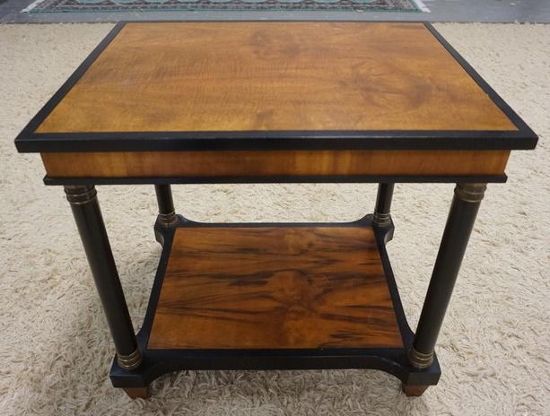 LAMP TABLE WITH EBONIZED TRIM: LAMP TABLE WITH EBONIZED TRIM AND BRONZE FERRULES, 25 IN X 20 IN X 24 IN