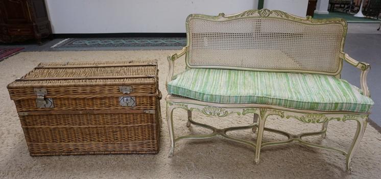 WICKER STORAGE CHEST AND FRENCH PROVINCIAL SETTEE: WICKER STORAGE CHEST AND FRENCH PROVINCIAL SETTEE