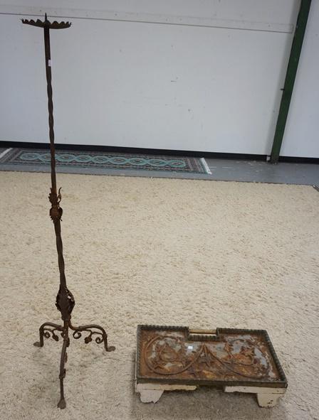 PRICKET STICK AND VICTORIAN CAST IRON TRAY: PRICKET STICK AND VICTORIAN CAST IRON TRAY