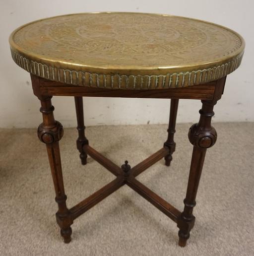 TABLE WITH BRASS RELIEF ART TOP: TABLE WITH BRASS RELIEF ART TOP, 22 3/4 IN X 23 IN