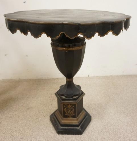UNUSUAL METAL PAINT DECORATED TABLE: UNUSUAL METAL PAINT DECORATED TABLE WITH SCALLOPED EDGE TOP AND URN CENTER, 23 IN X 25 3/4 IN