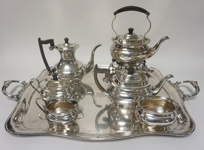 SHEFFIELD 7 PIECE SILVER PLATED TEA & COFFEE SET: SHEFFIELD 7 PIECE SILVER PLATED TEA & COFFEE SET, TRAY IS 31 IN X 19 1/4 IN, TALLEST POT ON STAND IS 14 IN