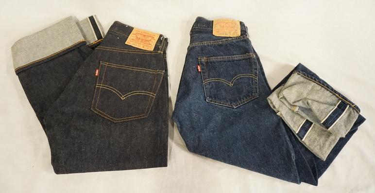 TWO PAIRS OF SELVEDGE LEVI'S JEANS W/ BIG E: TWO PAIRS OF 501XX LEVI STRAUSS & COMPANY USA MADE SELVEDGE JEANS W/ BIG E. SIZES ARE W 27, L 34 & W 27 L 32, VARYING DEGREE OF WEAR