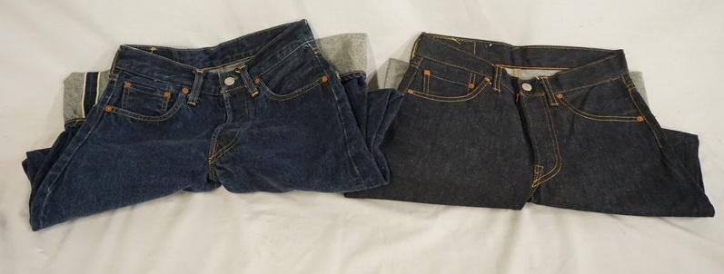 TWO PAIRS OF SELVEDGE LEVI'S JEANS W/ BIG E: TWO PAIRS OF 501XX LEVI STRAUSS & COMPANY USA MADE SELVEDGE JEANS W/ BIG E. SIZES ARE 27 W, 36 L & 30 W 34 L, VARYING DEGREE OF WEAR