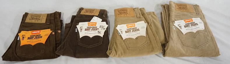 LOT OF 4 PAIRS OF VINTAGE LEVI *SADDLEMAN* BOOT JEANS: LOT OF FOUR PAIRS OF VINTAGE YOUTH SIZED LEVI STRAUSS & COMPANY *SADDLEMAN* BOOT JEANS CORDUROY PANTS W/ ORIGINAL TAGS COPYRIGHT DATED 1973. THREE ARE SIZE 10 ONE IS 25 X 32