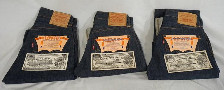 LOT OF 3 PAIRS OF VINTAGE LEVI'S 501 SELVEDGE JEANS W/: LOT OF THREE PAIRS OF VINTAGE LEVI STRAUSS & COMPANY 501 SELVEDGE JEANS W/ BIG E & ORINGAL TAGS. SIZES ARE W 27 X L 30, W 27 X L 27, & W 27 X L 34