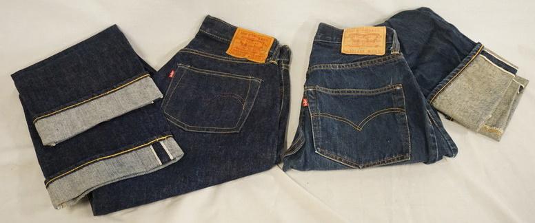 2 PAIRS OF VINTAGE LEVI'S SELVEDGE JEANS W/ BIG E: LOT OF TWO PAIRS OF VINTAGE LEVI STRAUSS & COMPANY SELVEDGE JEANS W/ BIG E. ONE PAIR IS 551 ZXX SIX W 27 X L32, THE OTHER IS S501XX SIZE W 30 X L 34, VARYING DEGREE OF WEAR