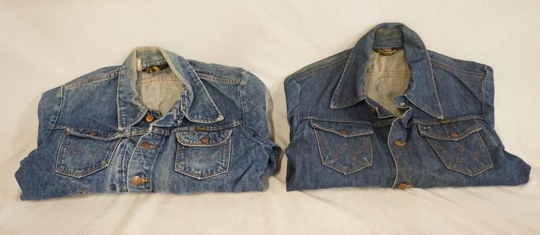 LOT OF 2 VINTAGE WRANGLER DENIM JACKETS PAINTED ON: LOT OF TWO VINTAGE USA MADE WRANGLER DENIM JACKETS BOTH ARE PAINTED ON THE REVERSE. THE TAGS ARE FADED/MISSING. THEY MEASURE APPROXIMATELY 17 IN (WOLVES) & 17 1/2 IN (COWBOY SCENE) FROM SHOULDER TO SH