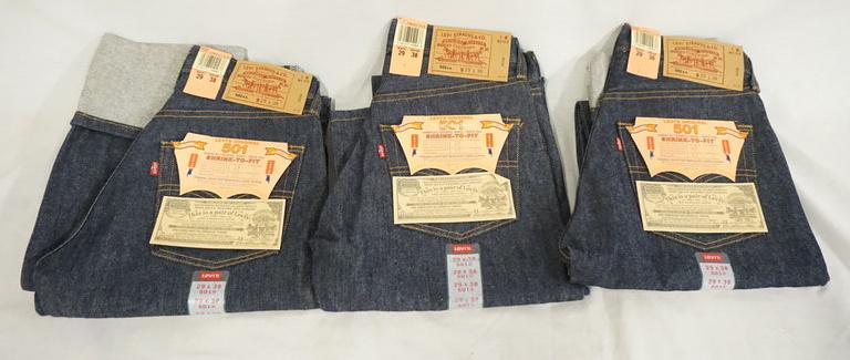 LOT OF 3 VINTAGE NEW W/ TAGS 1993 501 LEVI'S JEANS: LOT OF THREE PAIRS OF VINTAGE USA MADE 1993 LEVI STRAUSS & COMPANY 501 JEANS. NEW WITH TAGS ALL ARE SIZE 29 X 38