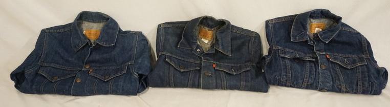 LOT OF 3 VINTAGE LEVI'S DENIM JACKETS: LOT OF THREE VINTAGE LEVI STRAUSS & COMPANY DENIM JACKETS. ALL ARE SIZE 14. ONE HAS AN ORANGE TAB, THE OTHERS HAVE RED TABS