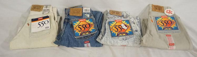 LOT OF 4 PAIRS OF VINTAGE LEVI'S 550 W/ TAGS: LOT OF FOUR PAIRS OF VINTAGE LEVI 550 JEANS W/ TAGS. THREE ARE SIZE 10 ONE IS SIZE 12