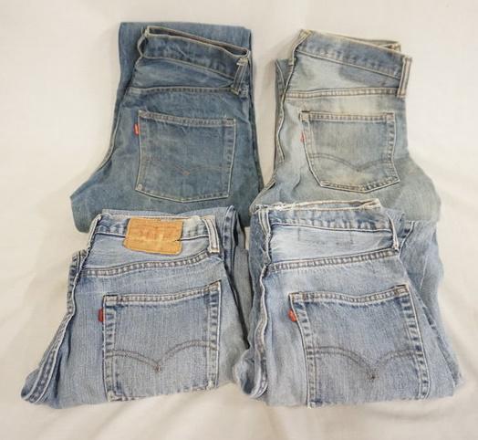 LOT OF 4 PAIRS OF VINTAGE LEVIS JEANS: LOT OF FOUR PAIRS OF VINTAGE LEVI STRAUSS & COMPANY JEANS, SIZE PATCHES MISSING/FADED WAIST MEASURMENTS ARE APP. 29 IN, 30 IN & TWO ARE 28 IN. VARYING DEGREES OF WEAR