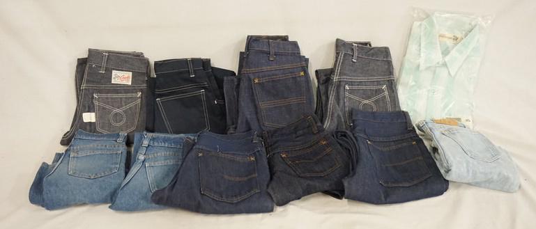 LOT OF VINTAGE SEARS/JC PENNY CLOTHING: LOT OF SEARS & JC PENNY VINTAGE CLOTHING; SIX PAIRS OF PANTS BY SEARS, ALL APPEAR TO BE YOUTH SIZES, A NEW SHIRT ON CARD SIZE LARGE & THREE PAIRS OF *SUPER DEMIN* JEANS FROM JC PENNY WAIST SIZES MEASU
