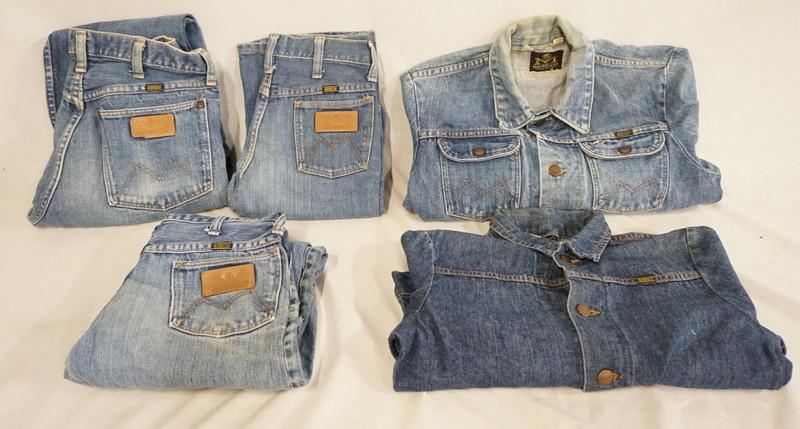LOT OF MAVERICK VINTAGE JEANS & DENIM JACKETS: LOT OF THREE PAIRS OF VINTAGE MAVERICK JEANS TWO ARE YOUTH SIZES; 12 & 12, ONE IS SIZE 32 X 32 & TWO DEMIN JACKETS ONE IS SIZE 18 THE OTHER IS SIZE 36. VARYING DEGREES OF WEAR