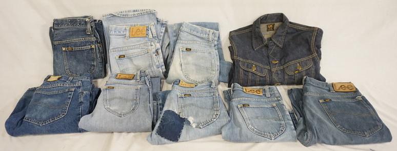 LOT OF 8 PAIRS OF VINTAGE LEE JEANS & DEMIN JACKET: LOT OF EIGHT PAIRS OF VINTAGE LEE JEANS PLUS A VINTAGE LEE DEMIN JACKET-SIZE 16. VARYING DEGREES OF WEAR