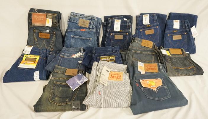 LOT OF 13 PAIRS OF JEANS NEW W/ TAGS: LOT OF 13 PAIRS OF JEANS NEW W/ TAGS FROM VARIOUS BRANDS INCLUDING; WRANGLER, DIESEL, RUSTLER, AMERICAN EAGLE, BULL HEAD & LEVIS, LOT INCLUDES BOTH ADULT & YOUTH SIZES.