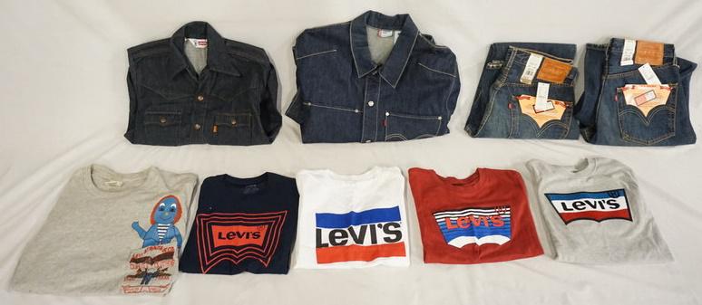 LEVIS CLOTHING LOT: LEVIS CLOTHING LOT. LOT INCLUDES FIVE SHIRTS (FOUR ARE YOUTH SIZED & NEW W/ TAGS) ONE SHIRT IS SIZE MEDIUM FROM HANES & DECORATED W/ LEVIS DESIGN ON FRONT POCKET. TWO PAIRS OF PANTS NEW W/ TAGS BOTH A