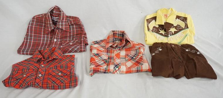 VINTAGE SMALL CHILD SIZED CLOTHING: LOT OF VINTAGE SMALL CHILD SIZED CLOTHING LOT INCLUDES THREE SHIRTS; LEVIS, HAYDEN HOUSE (ONE SHIRT THE BRAND IS UNKNOWN) & A WESTERN OUTFIT BY THE PLUS BRAND