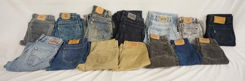 LOT OF 14 PAIRS OF VINTAGE LEVIS JEANS: LOT OF 14 PAIRS OF VINTAGE LEVIS JEANS INCLUDING TWO PAIRS OF SHORTS SIZES 27 & 28. FIVE ARE YOUTH SIZES 11, TWO ARE 12 & TWO ARE 9. THE REST ARE SIZES; 30 X 32, 28 X 28, 29 X 32, 28 X 30 & TWO ARE 28