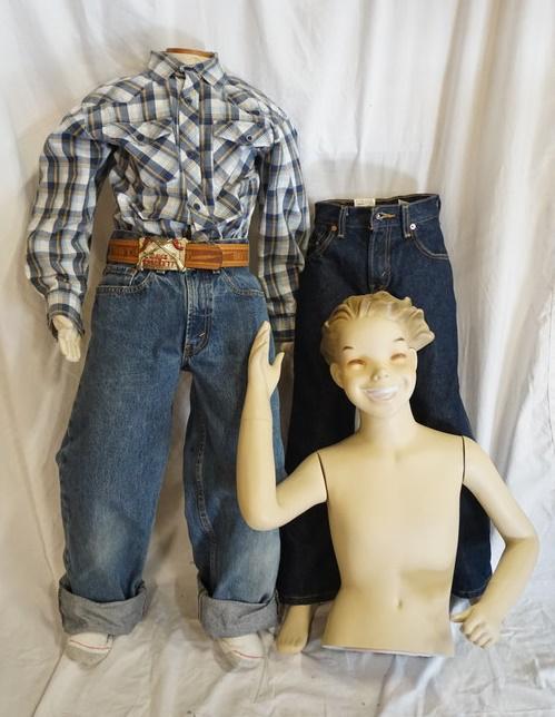 LOT OF 2 MANNEQUINS IN LEVIS JEANS: LOT OF TWO MANNEQUINS; ONE IS PLUSH & IS HEADLESS IT IS WEARING LEVIS JEANS W/ A DAVEY CROCKET BELT & BELT BUCKLE, & AN OLD NAVY SHIRT. THE OTHER MANNEQUIN IS BROKEN WHERE THE TORSO & LEGS ATTACH & IS