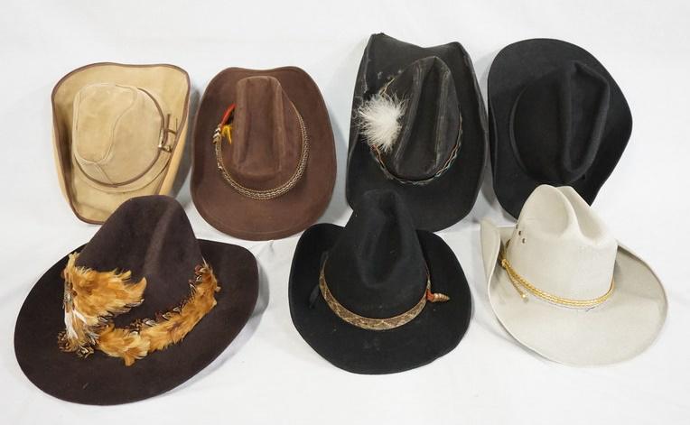 LOT OF 7 COWBOY HATS: LOT OF SEVEN COWBOY HATS INCLUDING; ROCKMOUNT RANCH WEAR, DYNAFELT MILLER WESTERN WEAR (THE FEATHERS ARE GLUED/PINNED ON) & EXTRA FINO