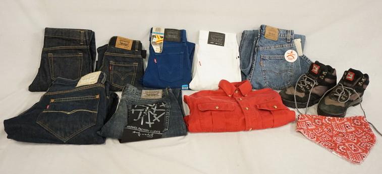 LOT OF CLOTHING INCLUDING LEVIS: LOT OF MISC. CLOTHING INLUDING SIX PAIRS OF LEVIS JEANS, A PAIR OF OLD NAVY JEANS, A DOCKERS SHIRT, A BANDANNA & A PAIR OF TEAM NFL SNEAKERS. VARYING DEGREES OF WEAR