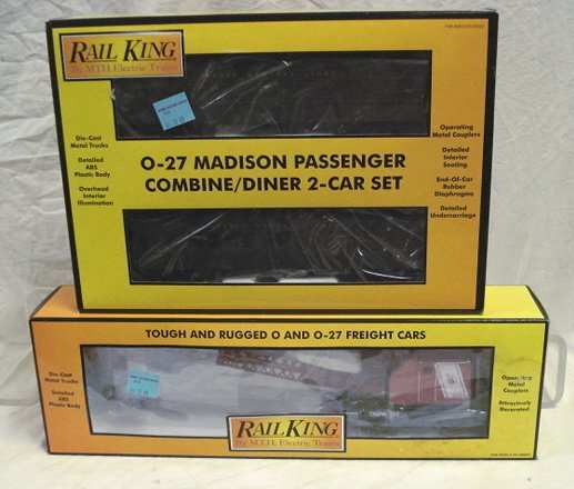 RAIL KING 0-27 JERSEY CENTRAL PASSENGER CAR DINER : RAIL KING 0-27 JERSEY CENTRAL PASSENGER CAR DINER SET #1014, #212 TOGETHER WITH JERSEY CENTRAL CRANE CAR