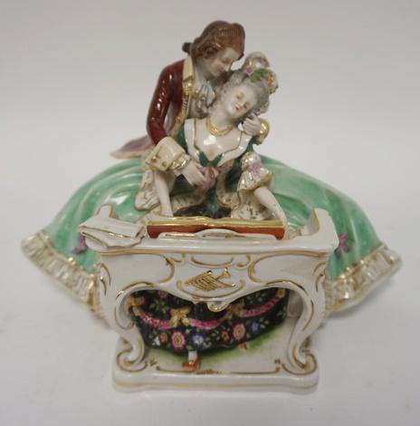 GERMAN FIGURE OF MAN & WOMAN: GERMAN FIGURE OF MAN & WOMAN PLAYING PIANO, 7 IN HIGH X 9 IN WIDE