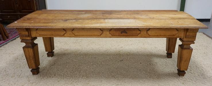 LARGE OAK COUNTRY STORE TABLE: LARGE OAK COUNTRY STORE TABLE W/BACK STOP & ANGLED SURFACE, 93 IN WIDE X 30 IN X 31 IN