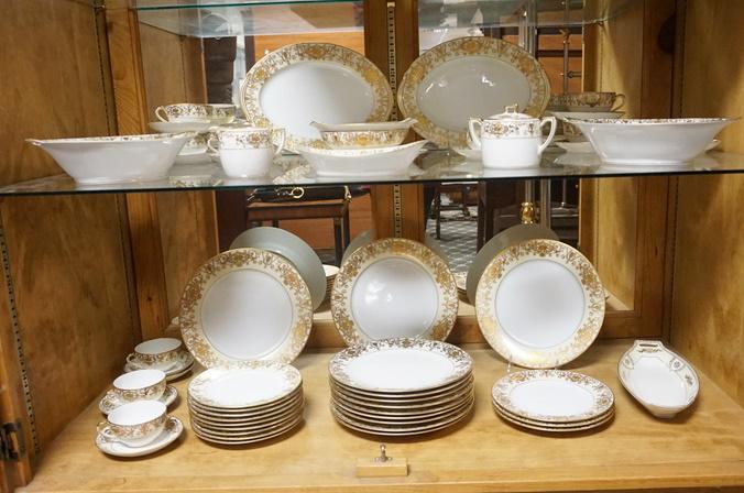 56 PIECE NO 175 ASSEMBLED DINNERWARE SET: 56 PIECE NO 175 ASSEMBLED DINNERWARE SET, SOME PIECES HAVE THE OLD GREEN MARK W/ THE PATTERN NAME IN CHARACTER WRITING, THE HANDLED LOWER RIGHT IS NORITAKE BUT NOT THE SAME PATTERN