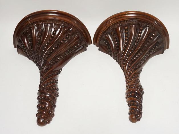 PAIR OF MAITLAND-SMITH HANGING WOODEN SHELVES: PAIR OF MAITLAND-SMITH HANGING WOODEN SHELVES, 14 1/4 IN WIDE X 17 1/4 IN HIGH X 7 IN DEEP, ONE BEAD BROKEN OFF OF ONE, BOTTOM RIGHT