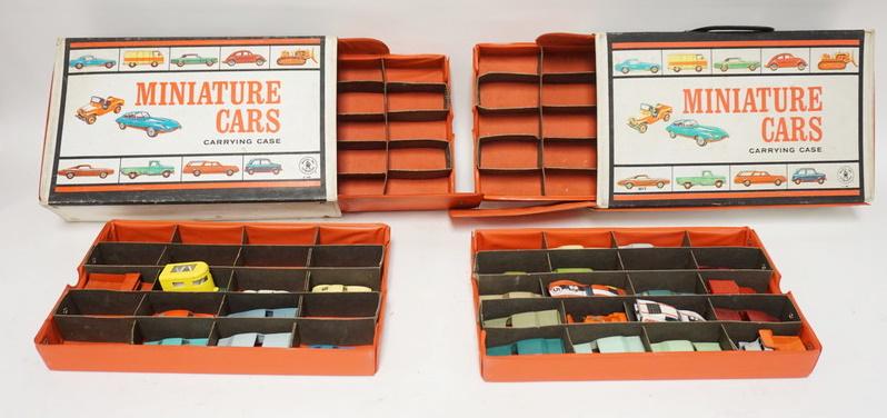 2 MATTEL MINI CAR CARRYING CASES W/ CARS: TWO MATTEL MINIATURE CAR CARRYING CASES W/ 27 CARS/TRUCKS ETC. NAMES INCLUDE LESNEY, MATCHBOX, LIONEL, F & F, HOT WHEELS & AURORA