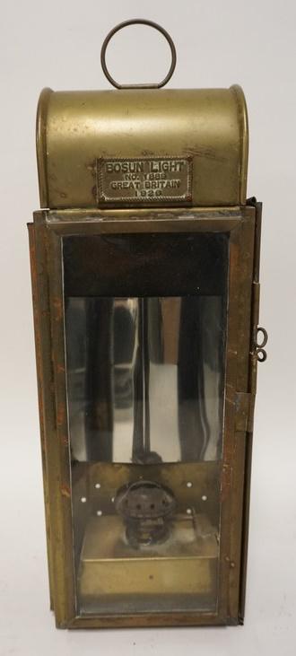 ANTIQUE BRASS BOSUN NO 1889 KERO LANTERN 1926: ANTIQUE BRASS BOSUN NO. 1889 GREAT BRITAIN KERO LANTERN 1926, 19 IN HIGH X 6 1/2 IN WIDE X 5 IN DEEP